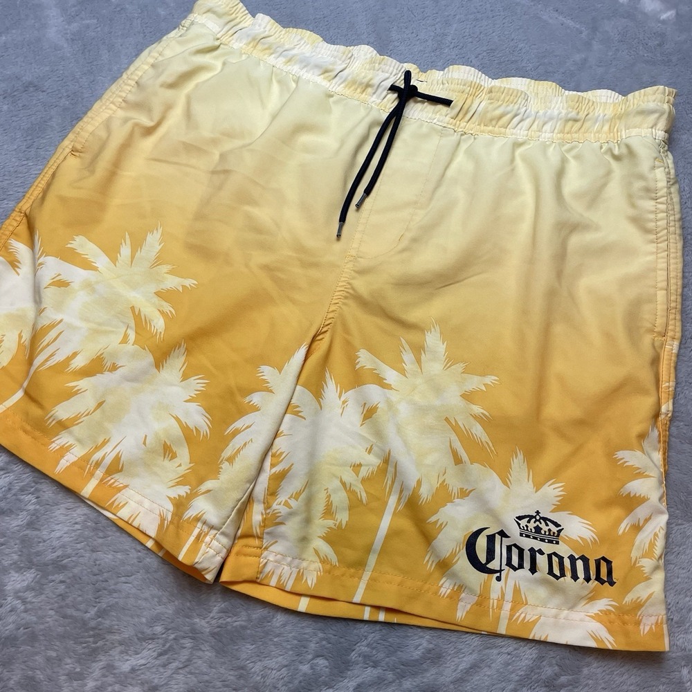 Corona Beer Mens Lined Board Shorts Swim‎ Trunks Size L Yellow Palm Trees Resort